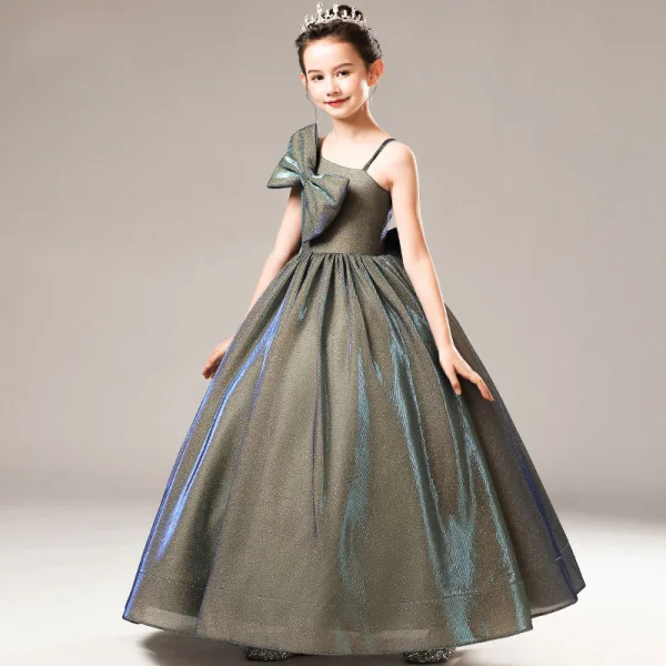 Fashion Grey Birthday Flower Girl Dresses 2021 Ball Gown One-Shoulder Spaghetti Straps Sleeveless Backless Bow Glitter Tulle Floor-Length / Long Ruffle
