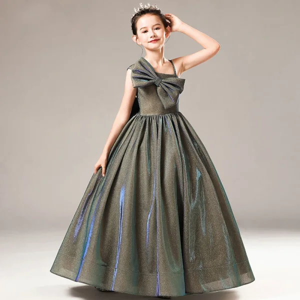 Fashion Grey Birthday Flower Girl Dresses 2021 Ball Gown One-Shoulder Spaghetti Straps Sleeveless Backless Bow Glitter Tulle Floor-Length / Long Ruffle