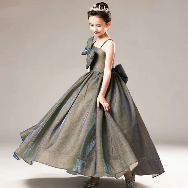 Fashion Grey Birthday Flower Girl Dresses 2021 Ball Gown One-Shoulder Spaghetti Straps Sleeveless Backless Bow Glitter Tulle Floor-Length / Long Ruffle
