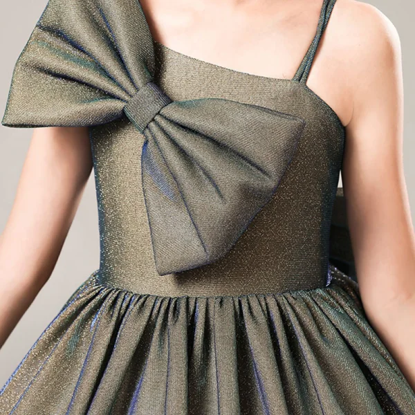 Fashion Grey Birthday Flower Girl Dresses 2021 Ball Gown One-Shoulder Spaghetti Straps Sleeveless Backless Bow Glitter Tulle Floor-Length / Long Ruffle