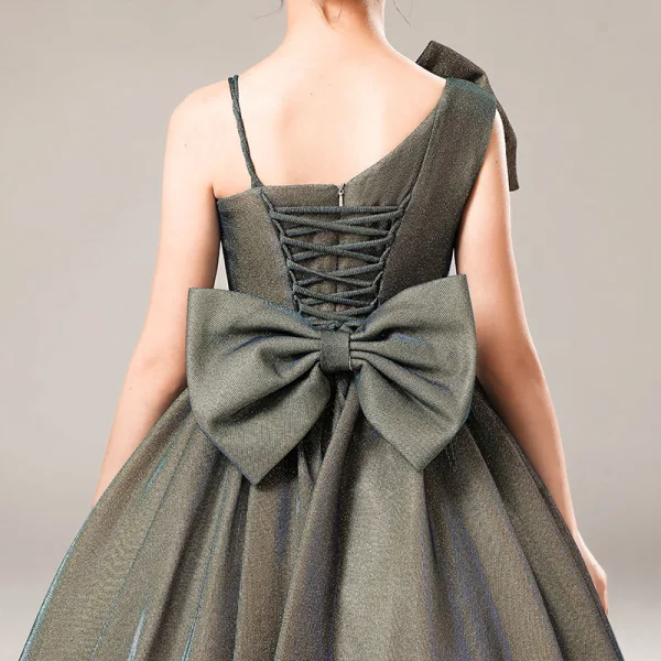 Fashion Grey Birthday Flower Girl Dresses 2021 Ball Gown One-Shoulder Spaghetti Straps Sleeveless Backless Bow Glitter Tulle Floor-Length / Long Ruffle