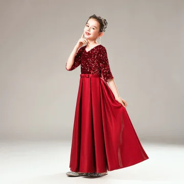 Fashion Burgundy Satin Birthday Flower Girl Dresses 2021 A Line Princess V Neck 1 2 Sleeves Backless Sequins Bow Sash Floor Length Long