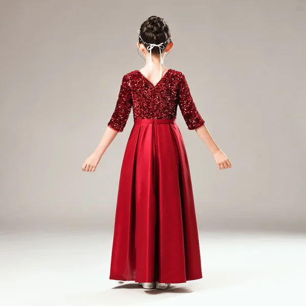 Fashion Burgundy Satin Birthday Flower Girl Dresses 2021 A-Line / Princess V-Neck 1/2 Sleeves Backless Sequins Bow Sash Floor-Length / Long