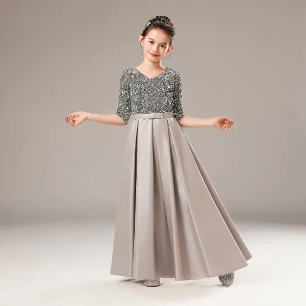 Fashion Burgundy Satin Birthday Flower Girl Dresses 2021 A-Line / Princess V-Neck 1/2 Sleeves Backless Sequins Bow Sash Floor-Length / Long