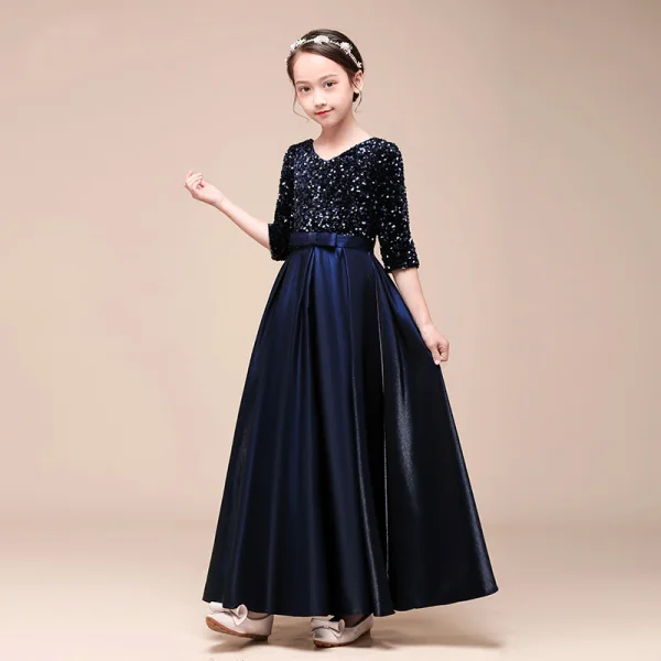 Fashion Burgundy Satin Birthday Flower Girl Dresses 2021 A-Line / Princess V-Neck 1/2 Sleeves Backless Sequins Bow Sash Floor-Length / Long