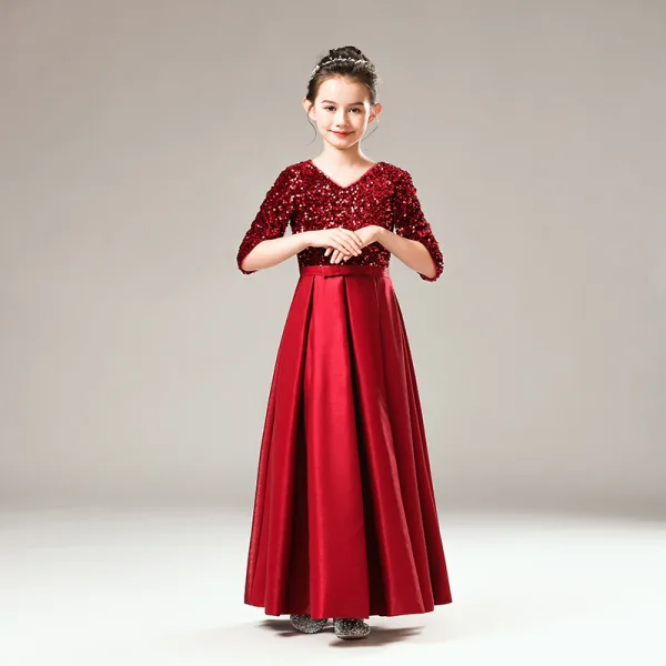 Fashion Burgundy Satin Birthday Flower Girl Dresses 2021 A-Line / Princess V-Neck 1/2 Sleeves Backless Sequins Bow Sash Floor-Length / Long