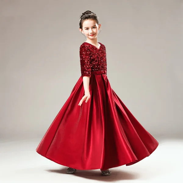 Fashion Burgundy Satin Birthday Flower Girl Dresses 2021 A-Line / Princess V-Neck 1/2 Sleeves Backless Sequins Bow Sash Floor-Length / Long