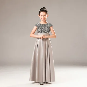 Classic Grey Satin Birthday Flower Girl Dresses 2021 A Line Princess Scoop Neck Sleeveless Sequins Bow Sash Floor Length Long Ruffle