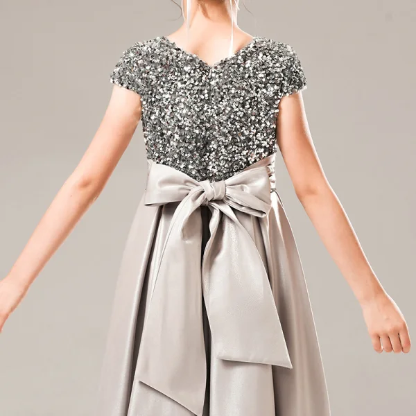 Classic Grey Satin Birthday Flower Girl Dresses 2021 A-Line / Princess Scoop Neck Sleeveless Sequins Bow Sash Floor-Length / Long Ruffle