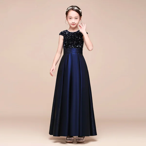 Classic Grey Satin Birthday Flower Girl Dresses 2021 A-Line / Princess Scoop Neck Sleeveless Sequins Bow Sash Floor-Length / Long Ruffle