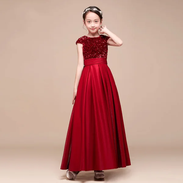 Classic Grey Satin Birthday Flower Girl Dresses 2021 A-Line / Princess Scoop Neck Sleeveless Sequins Bow Sash Floor-Length / Long Ruffle