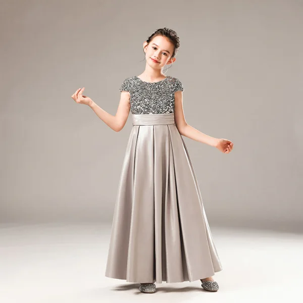 Classic Grey Satin Birthday Flower Girl Dresses 2021 A-Line / Princess Scoop Neck Sleeveless Sequins Bow Sash Floor-Length / Long Ruffle