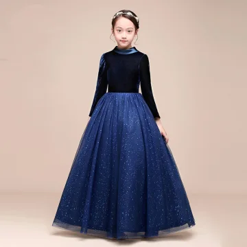 Starry Sky Navy Blue Velour Winter Birthday Flower Girl Dresses 2021 Ball Gown High Neck Long Sleeve Glitter Tulle Floor Length Long Ruffle