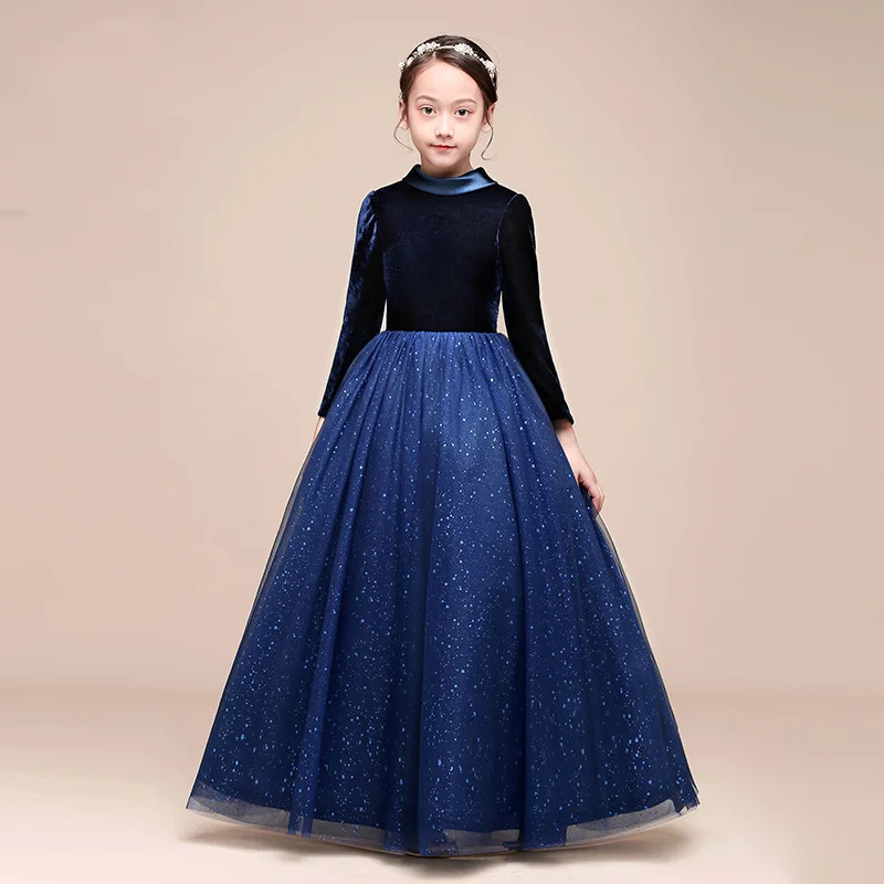 navy blue dress for baby girl Navy Blue Fit and Flare Long Velvet Dress – The Svaya
