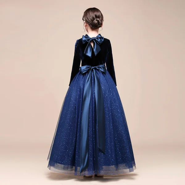 Starry Sky Navy Blue Velour Winter Birthday Flower Girl Dresses 2021 Ball Gown High Neck Long Sleeve Glitter Tulle Floor-Length / Long Ruffle