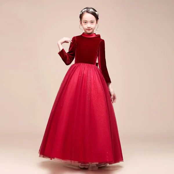 Starry Sky Navy Blue Velour Winter Birthday Flower Girl Dresses 2021 Ball Gown High Neck Long Sleeve Glitter Tulle Floor-Length / Long Ruffle