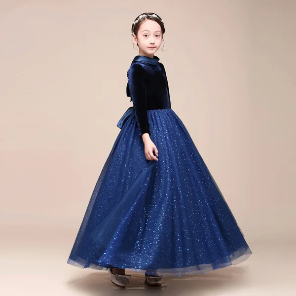 Starry Sky Navy Blue Velour Winter Birthday Flower Girl Dresses 2021 Ball Gown High Neck Long Sleeve Glitter Tulle Floor-Length / Long Ruffle