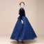 Starry Sky Navy Blue Velour Winter Birthday Flower Girl Dresses 2021 Ball Gown High Neck Long Sleeve Glitter Tulle Floor-Length / Long Ruffle