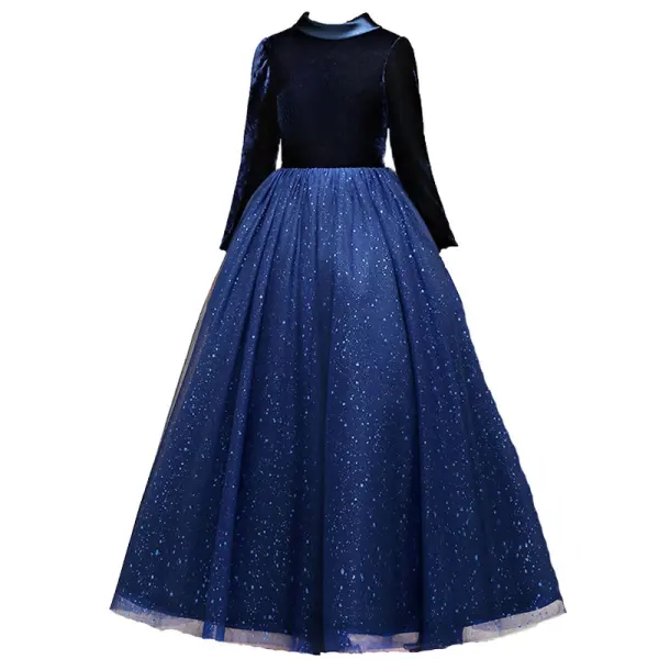 Starry Sky Navy Blue Velour Winter Birthday Flower Girl Dresses 2021 Ball Gown High Neck Long Sleeve Glitter Tulle Floor-Length / Long Ruffle