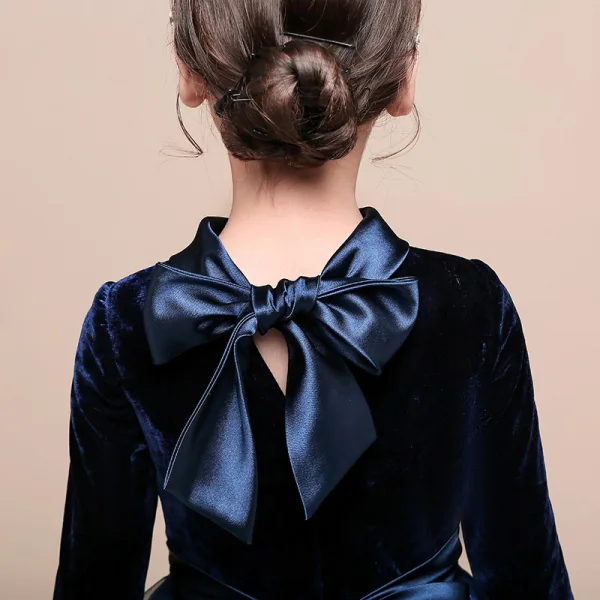 Starry Sky Navy Blue Velour Winter Birthday Flower Girl Dresses 2021 Ball Gown High Neck Long Sleeve Glitter Tulle Floor-Length / Long Ruffle
