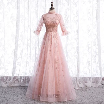 Vintage Originale Rougissant Rose Transparentes Dansant Robe De Bal 2021 Princesse Col Haut 1 2 Manches Appliques En Dentelle Perlage Paillettes Longue Volants Robe De Ceremonie