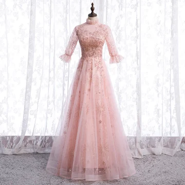 Vintage Blozen Roze Doorzichtige Dansen Galajurken 2021 A Lijn Hoge Kraag 1 2 Mouwen Appliques Kant Kralen Pailletten Lange Ruche Gelegenheid Jurken