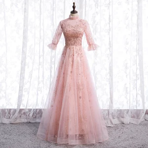 Vintage Rosa Clara Transparentes Bailando Vestidos De Gala 2021 A Line Princess Cuello Alto 1 2 Ærmer Apliques Con Encaje Rebordear Lentejuelas Largos Ruffle Vestidos Formales
