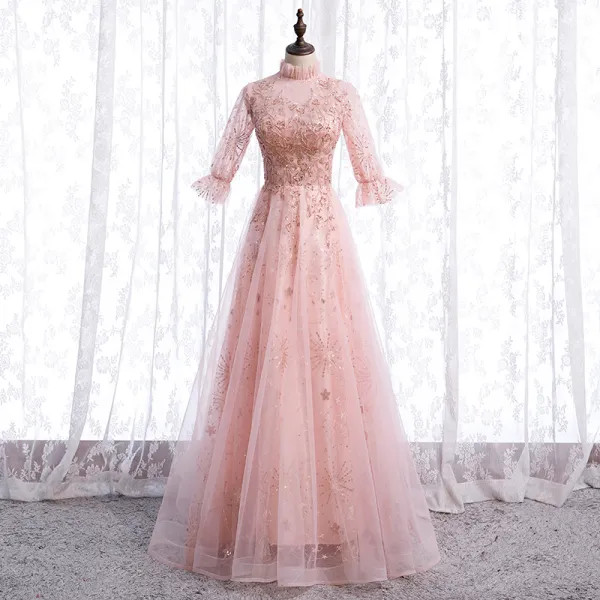 Vintage / Retro Blushing Pink See-through Dancing Prom Dresses 2021 A-Line / Princess High Neck 1/2 Sleeves Appliques Lace Beading Sequins Floor-Length / Long Ruffle Formal Dresses