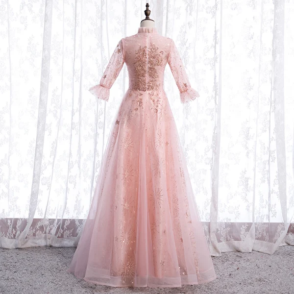Vintage / Retro Blushing Pink See-through Dancing Prom Dresses 2021 A-Line / Princess High Neck 1/2 Sleeves Appliques Lace Beading Sequins Floor-Length / Long Ruffle Formal Dresses