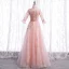 Vintage / Retro Blushing Pink See-through Dancing Prom Dresses 2021 A-Line / Princess High Neck 1/2 Sleeves Appliques Lace Beading Sequins Floor-Length / Long Ruffle Formal Dresses