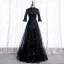 Vintage / Retro Blushing Pink See-through Dancing Prom Dresses 2021 A-Line / Princess High Neck 1/2 Sleeves Appliques Lace Beading Sequins Floor-Length / Long Ruffle Formal Dresses