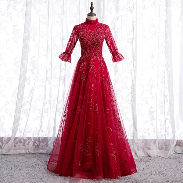 Vintage / Retro Blushing Pink See-through Dancing Prom Dresses 2021 A-Line / Princess High Neck 1/2 Sleeves Appliques Lace Beading Sequins Floor-Length / Long Ruffle Formal Dresses