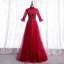 Vintage / Retro Blushing Pink See-through Dancing Prom Dresses 2021 A-Line / Princess High Neck 1/2 Sleeves Appliques Lace Beading Sequins Floor-Length / Long Ruffle Formal Dresses