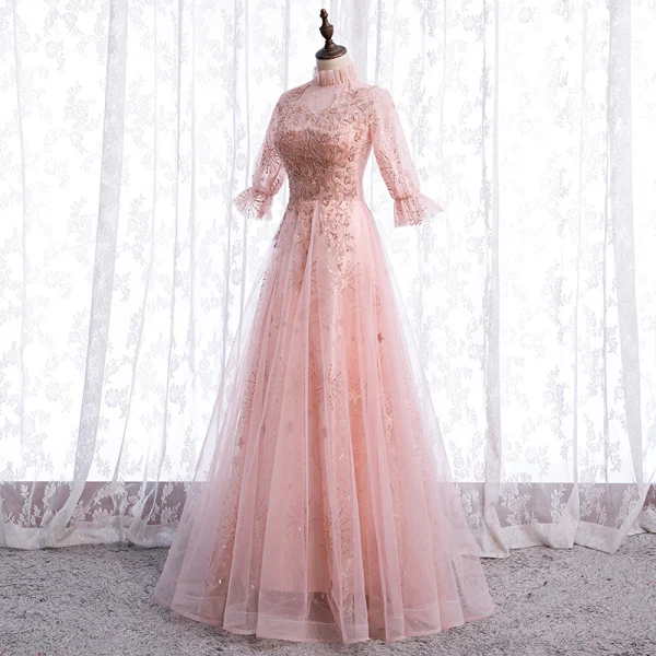 Vintage / Retro Blushing Pink See-through Dancing Prom Dresses 2021 A-Line / Princess High Neck 1/2 Sleeves Appliques Lace Beading Sequins Floor-Length / Long Ruffle Formal Dresses