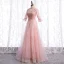 Vintage / Retro Blushing Pink See-through Dancing Prom Dresses 2021 A-Line / Princess High Neck 1/2 Sleeves Appliques Lace Beading Sequins Floor-Length / Long Ruffle Formal Dresses