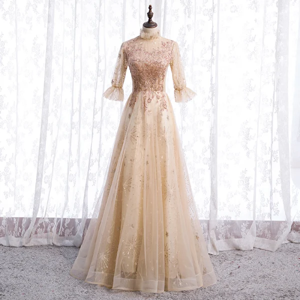 Vintage / Retro Blushing Pink See-through Dancing Prom Dresses 2021 A-Line / Princess High Neck 1/2 Sleeves Appliques Lace Beading Sequins Floor-Length / Long Ruffle Formal Dresses