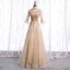 Vintage / Retro Blushing Pink See-through Dancing Prom Dresses 2021 A-Line / Princess High Neck 1/2 Sleeves Appliques Lace Beading Sequins Floor-Length / Long Ruffle Formal Dresses