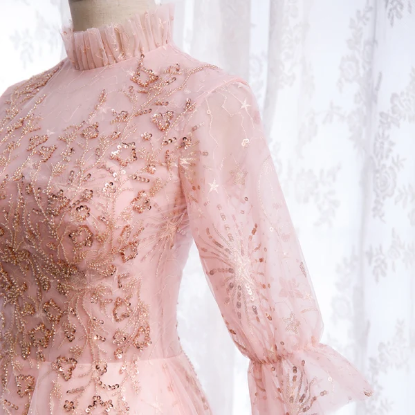 Vintage / Retro Blushing Pink See-through Dancing Prom Dresses 2021 A-Line / Princess High Neck 1/2 Sleeves Appliques Lace Beading Sequins Floor-Length / Long Ruffle Formal Dresses