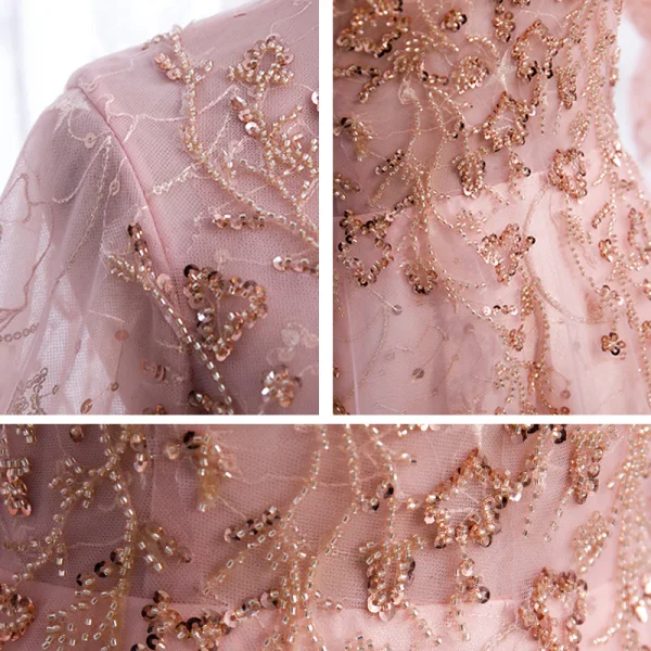 Vintage / Retro Blushing Pink See-through Dancing Prom Dresses 2021 A-Line / Princess High Neck 1/2 Sleeves Appliques Lace Beading Sequins Floor-Length / Long Ruffle Formal Dresses