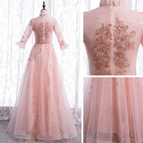 Vintage / Retro Blushing Pink See-through Dancing Prom Dresses 2021 A-Line / Princess High Neck 1/2 Sleeves Appliques Lace Beading Sequins Floor-Length / Long Ruffle Formal Dresses