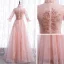 Vintage / Retro Blushing Pink See-through Dancing Prom Dresses 2021 A-Line / Princess High Neck 1/2 Sleeves Appliques Lace Beading Sequins Floor-Length / Long Ruffle Formal Dresses