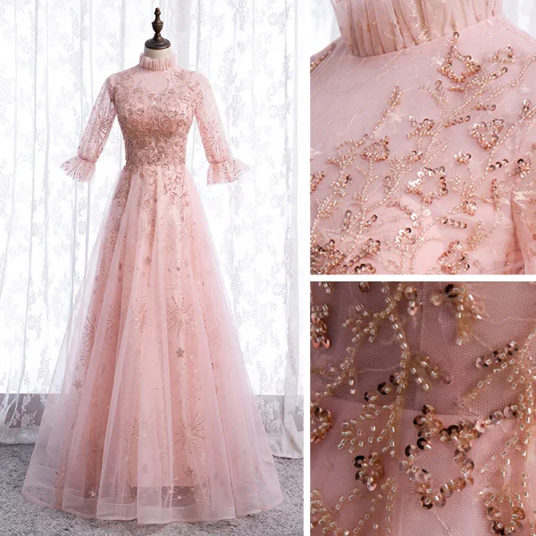 Vintage / Retro Blushing Pink See-through Dancing Prom Dresses 2021 A-Line / Princess High Neck 1/2 Sleeves Appliques Lace Beading Sequins Floor-Length / Long Ruffle Formal Dresses