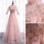 Vintage / Retro Blushing Pink See-through Dancing Prom Dresses 2021 A-Line / Princess High Neck 1/2 Sleeves Appliques Lace Beading Sequins Floor-Length / Long Ruffle Formal Dresses
