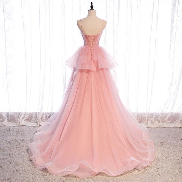 Schlicht Rosa Korsett Ballkleider 2021 Ballkleid Spaghettiträger Ärmellos Sweep / Pinsel Zug Rüschen Rückenfreies Festliche Kleider