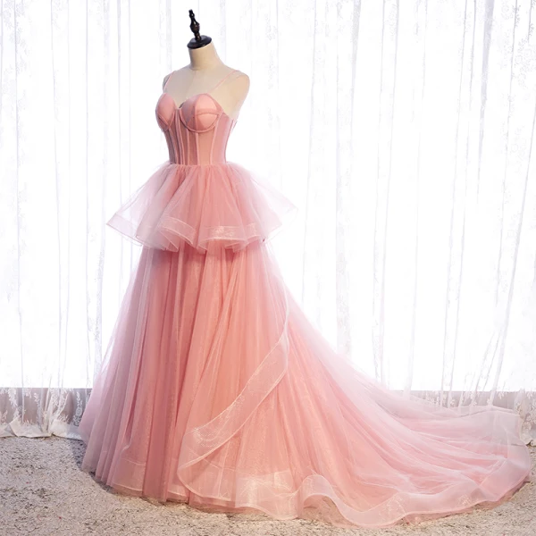 Schlicht Rosa Korsett Ballkleider 2021 Ballkleid Spaghettiträger Ärmellos Sweep / Pinsel Zug Rüschen Rückenfreies Festliche Kleider