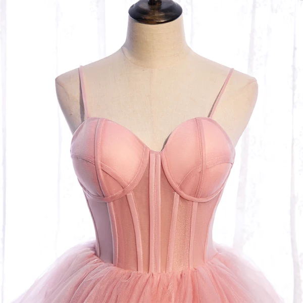 Schlicht Rosa Korsett Ballkleider 2021 Ballkleid Spaghettiträger Ärmellos Sweep / Pinsel Zug Rüschen Rückenfreies Festliche Kleider