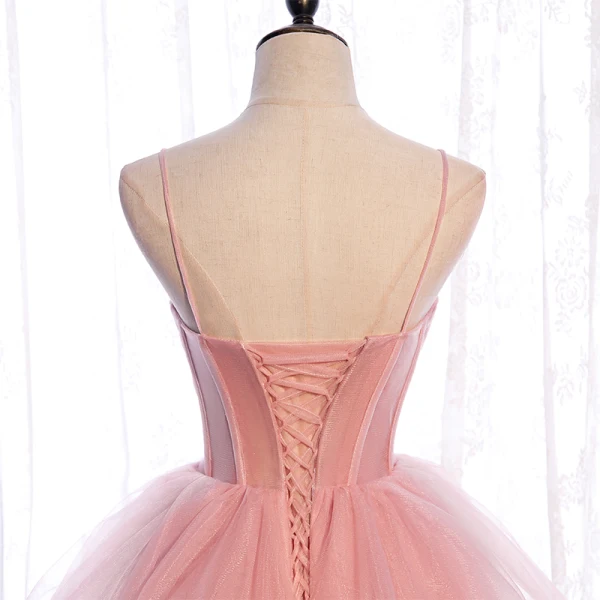 Schlicht Rosa Korsett Ballkleider 2021 Ballkleid Spaghettiträger Ärmellos Sweep / Pinsel Zug Rüschen Rückenfreies Festliche Kleider