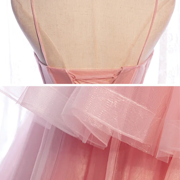 Schlicht Rosa Korsett Ballkleider 2021 Ballkleid Spaghettiträger Ärmellos Sweep / Pinsel Zug Rüschen Rückenfreies Festliche Kleider