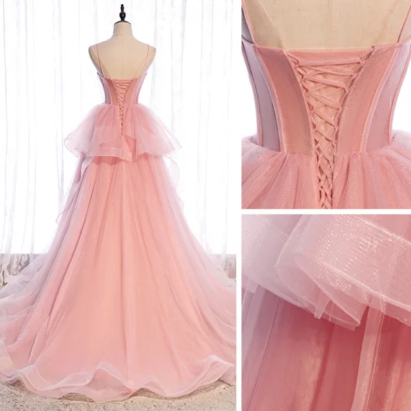 Schlicht Rosa Korsett Ballkleider 2021 Ballkleid Spaghettiträger Ärmellos Sweep / Pinsel Zug Rüschen Rückenfreies Festliche Kleider