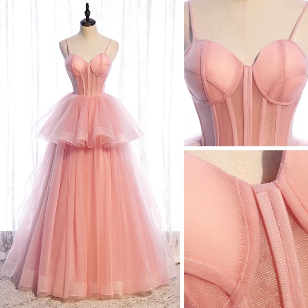 Schlicht Rosa Korsett Ballkleider 2021 Ballkleid Spaghettiträger Ärmellos Sweep / Pinsel Zug Rüschen Rückenfreies Festliche Kleider